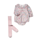 Conjunto pelele y leotardo. Flores rosa baby