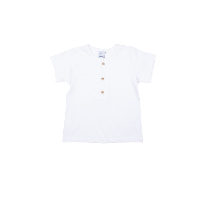 Camiseta blanca bolsillo botones madera